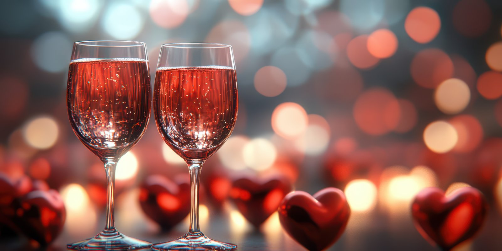 Two elegant glasses of sparkling rose wine surrounded by heart decorations for a romantic celebration